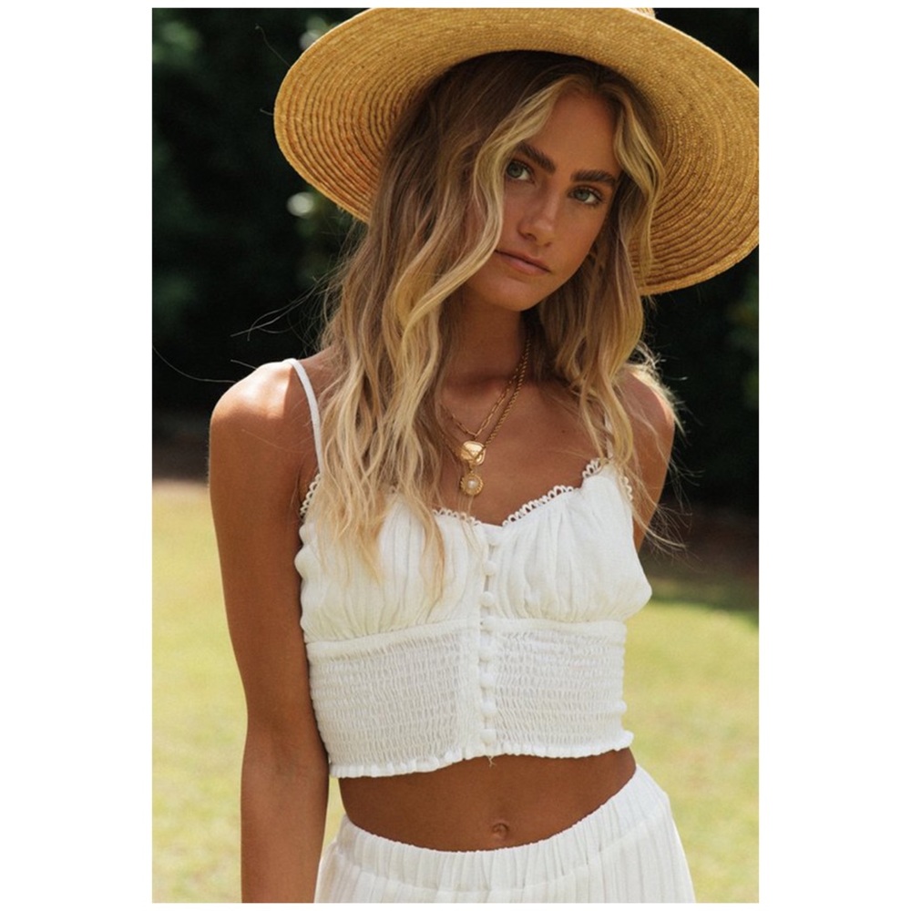 Boho Cropped Button Up Smocked Cami Tank Top